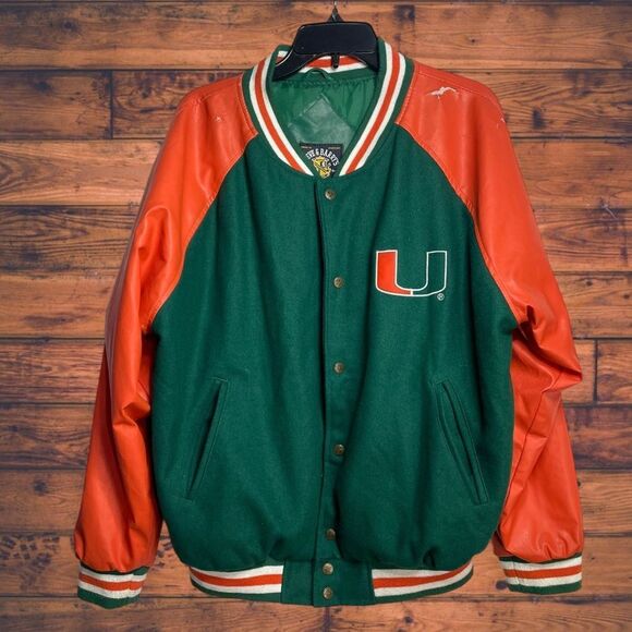 Miami Hurricanes 90’s Green and Orange Varsity Wool/ Vegan Leather Jacket Medium - Picture 1 of 14